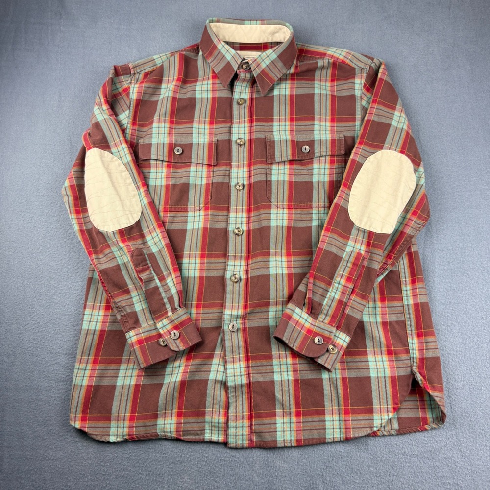 LL Bean Flannel Shirt Men's M Red Plaid Elbow Patch Button Down Long Sleeve Gorp